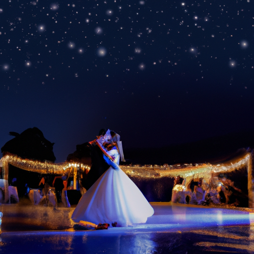 A happy couple dancing their first dance as newlyweds under the Cypriot stars