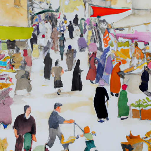 An illustration of a bustling Jerusalem marketplace, rich in color and activity.